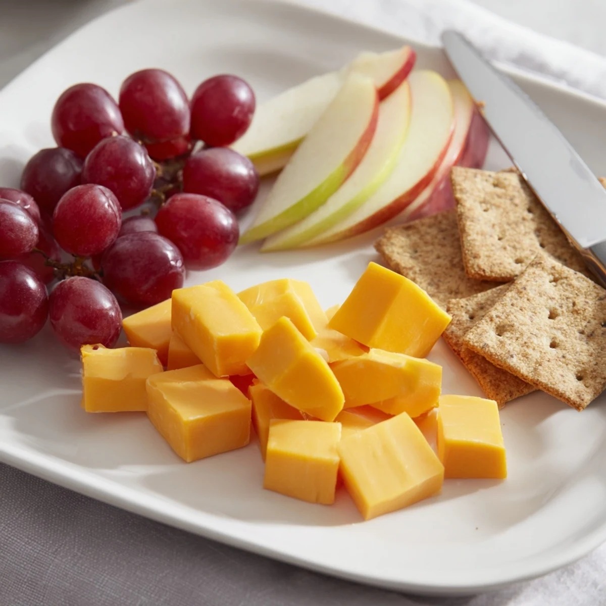 A vibrant snack plate featuring cheddar cheese, grapes, and fresh apple slices.  