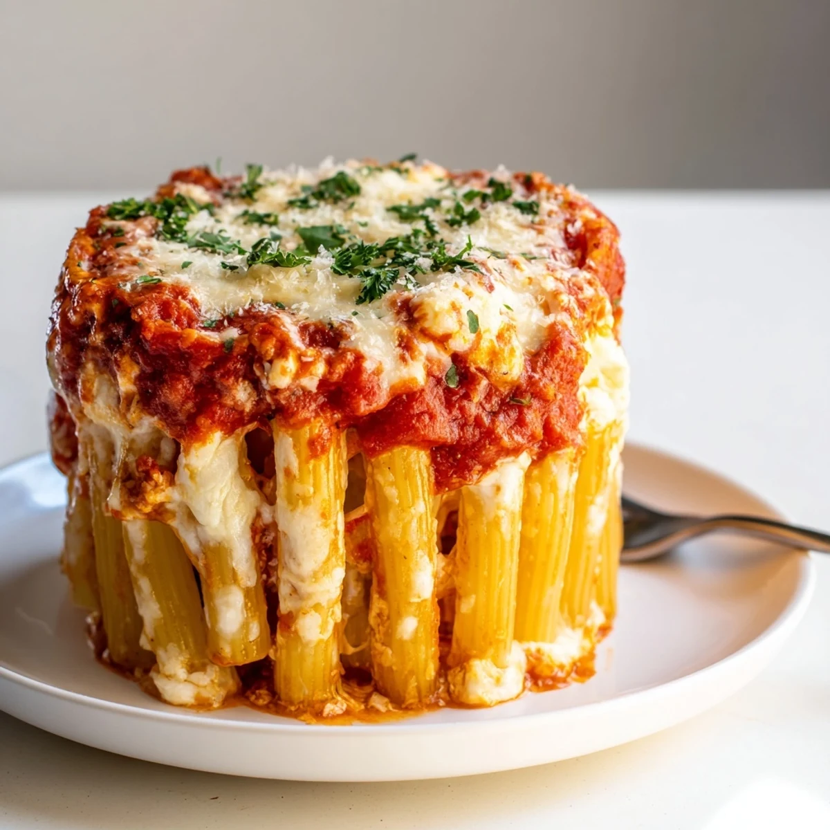 Impressive Honeycomb Pasta Cake layering rigatoni with savory tomato sauce and creamy filling.  