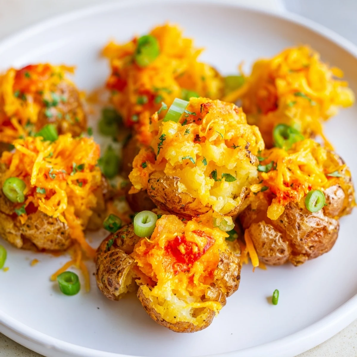 Crispy Smashed Green Onion Potato Bombs topped with melted cheese and fresh herbs.  