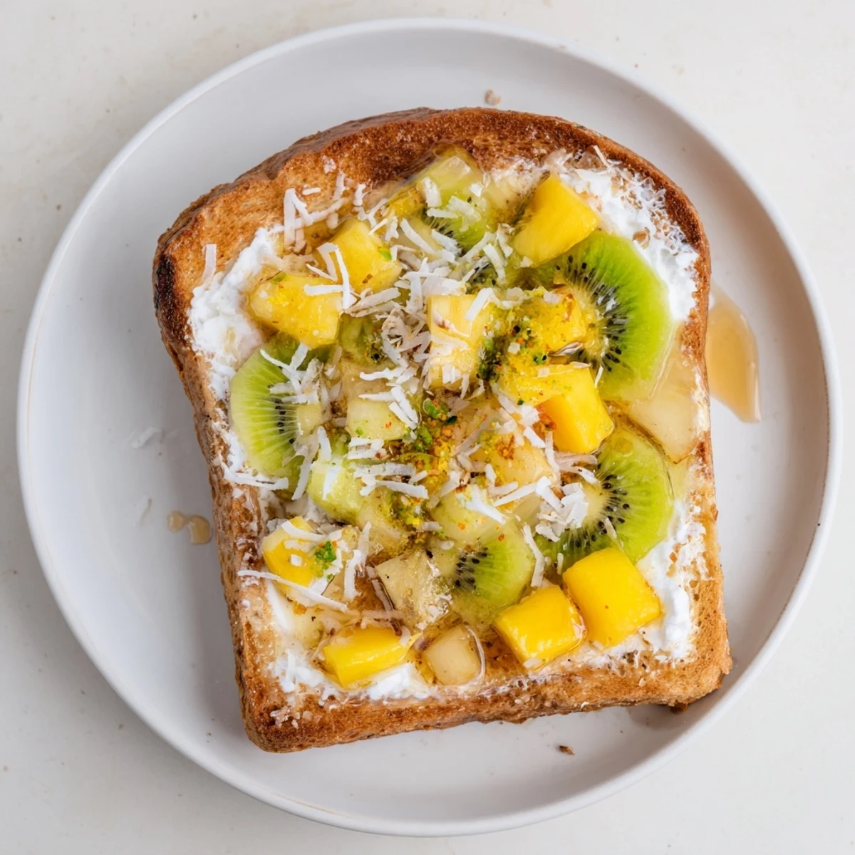 Delicious yogurt-custard toast bursting with mango, kiwi, and pineapple flavors.  
