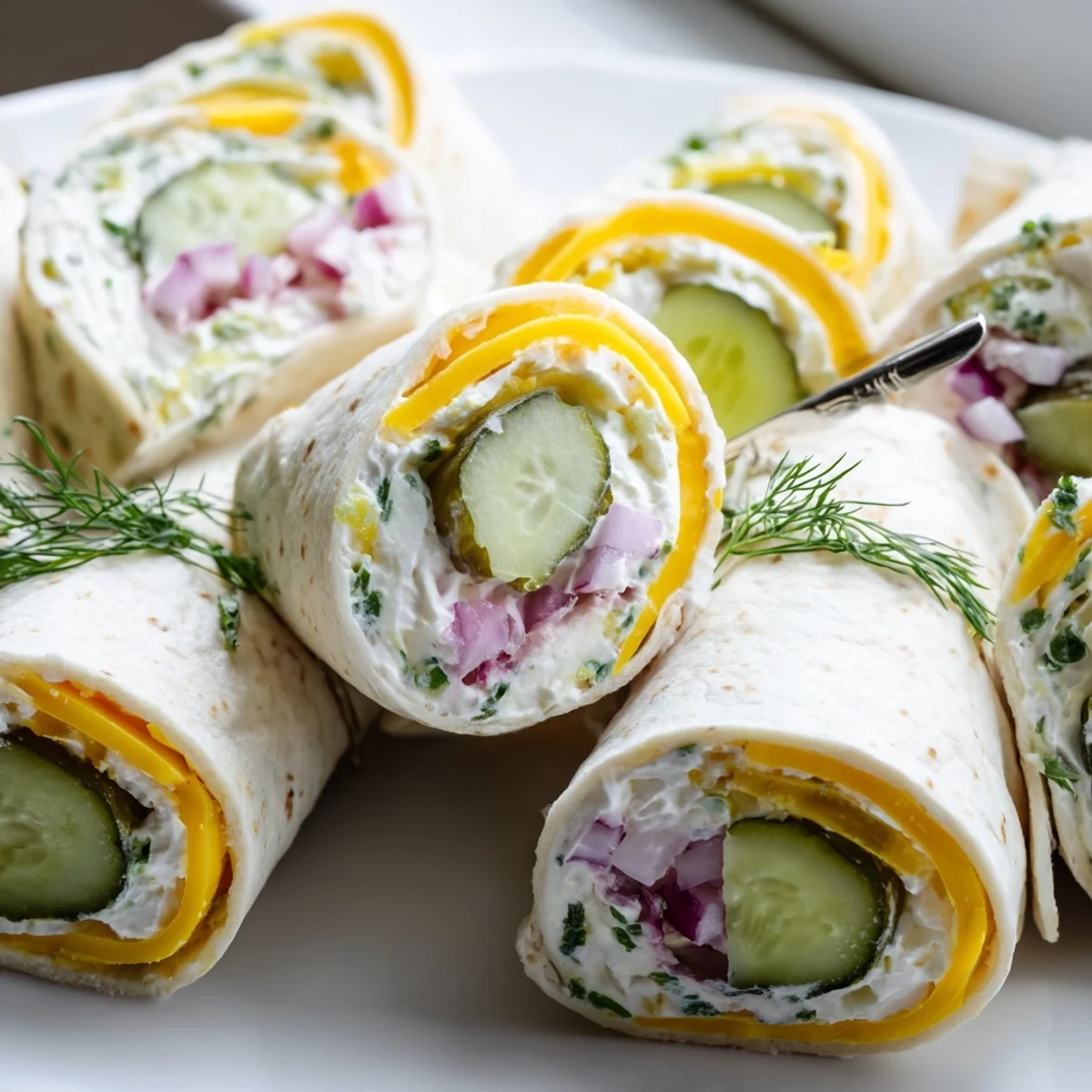 Tangy Pickle-in-a-Blanket rolled in soft tortillas with creamy cheese and fresh dill.  