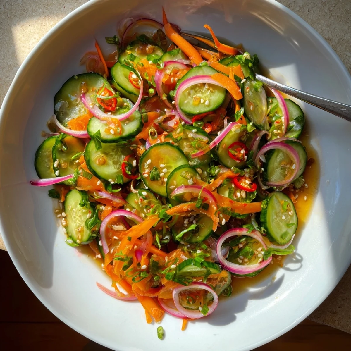 Delicious Asian-inspired cucumber salad remix drizzled with savory dressing and herbs.  