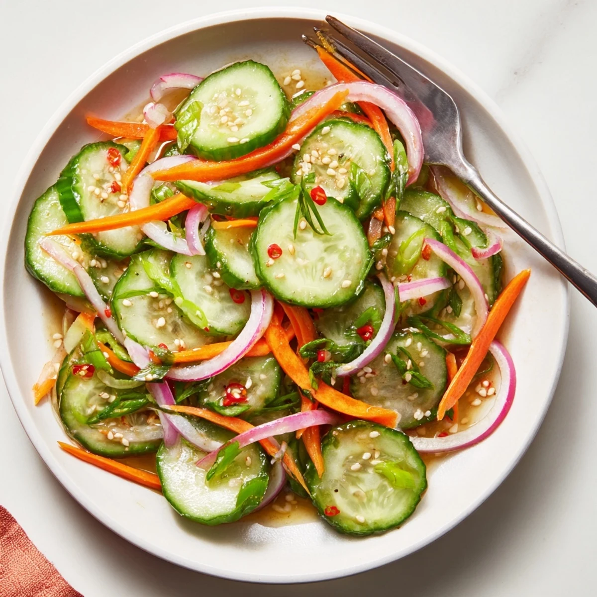 Fresh cucumber salad remix topped with sesame seeds and vibrant vegetable slices.  