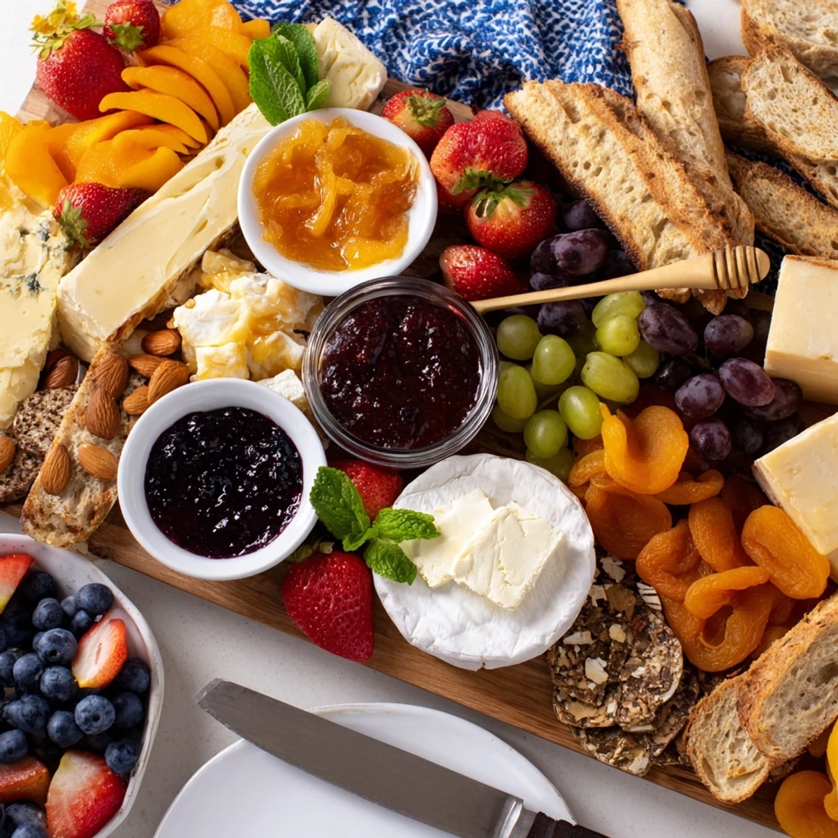 Colorful arrangement of jams and cheeses on a rustic wooden brunch board.