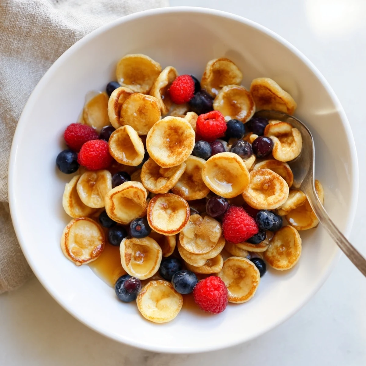 Adorable mini pancake cereal topped with fresh berries and maple syrup.  