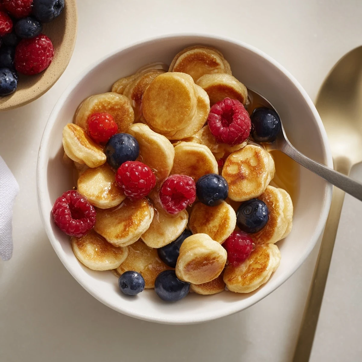 Bite-sized pancake cereal golden brown, served in a bowl with milk.  