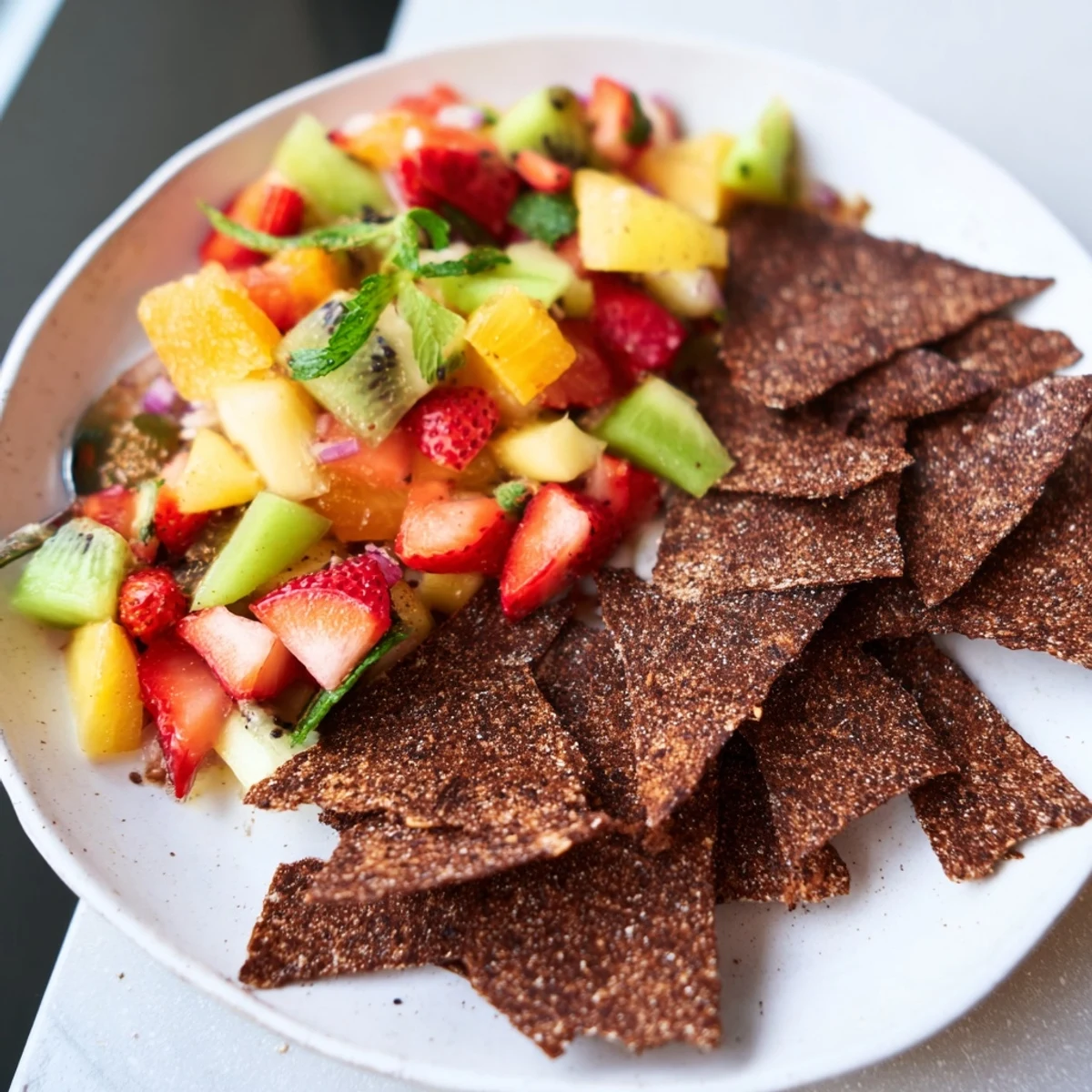 Delicious dessert chips & salsa featuring sweet fruit and crunchy chocolate delights.  