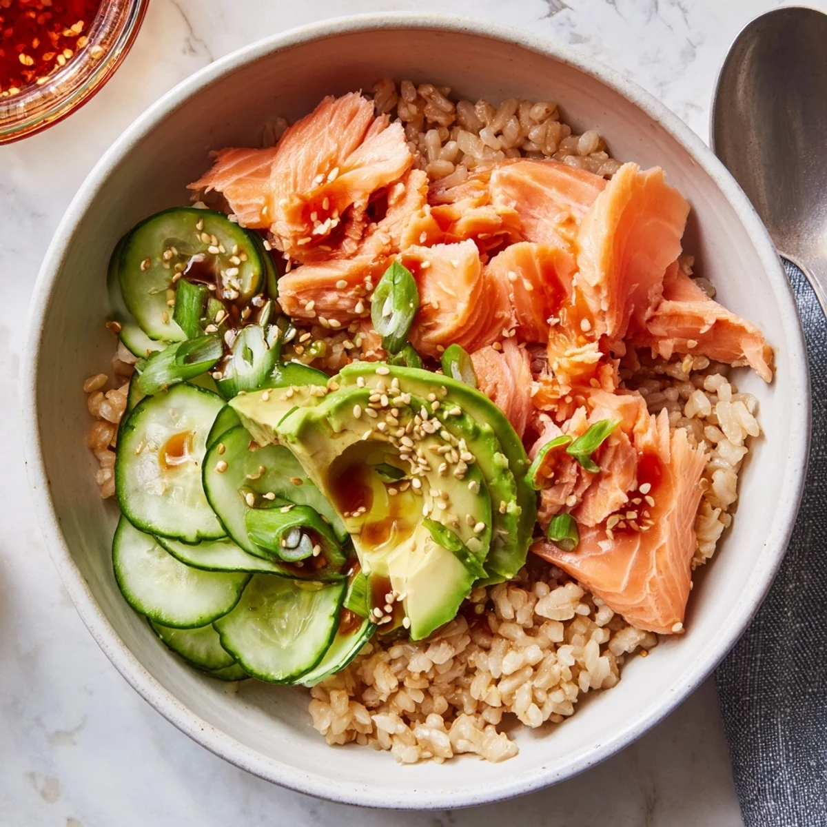 Leftover Salmon & Rice Bowl topped with avocado and cucumber for a fresh dinner.  