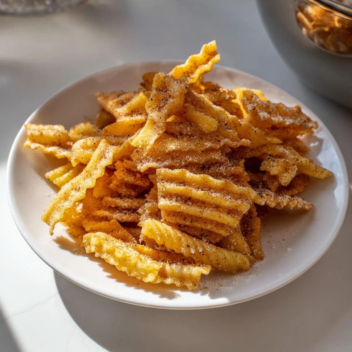Crispy pasta chips seasoned variety topped with garlic and paprika, perfect for snacking.  
