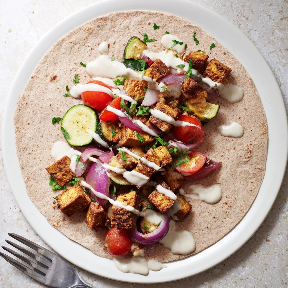 Delicious vegan viral recipe remake wrapped in whole wheat, drizzled with tahini sauce.  