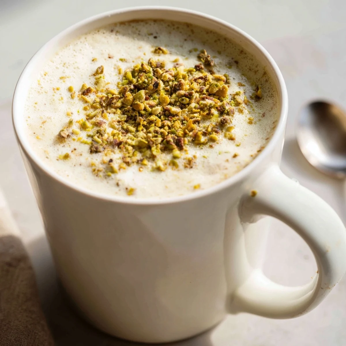 A creamy pistachio milk latte topped with crushed nuts and rich espresso.  