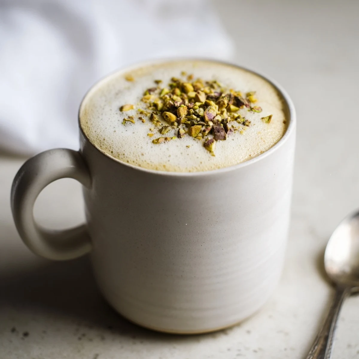 Enjoy a fragrant homemade pistachio milk latte, perfect for coffee lovers.  