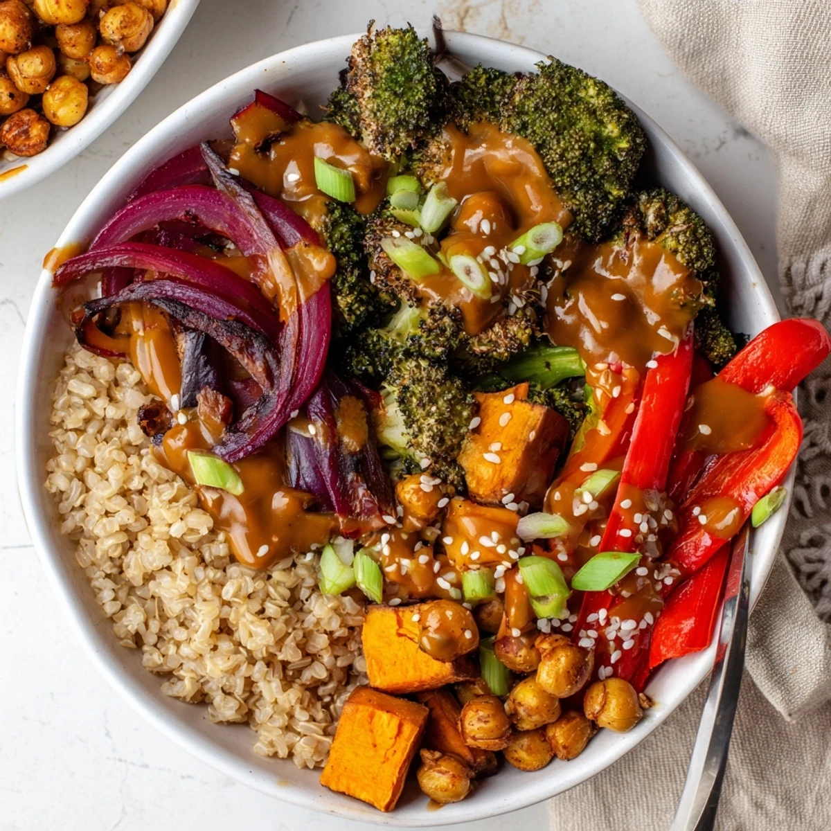 Vibrant Bold Sauce Drizzle Bowls with roasted veggies, topped with miso-butter sauce.