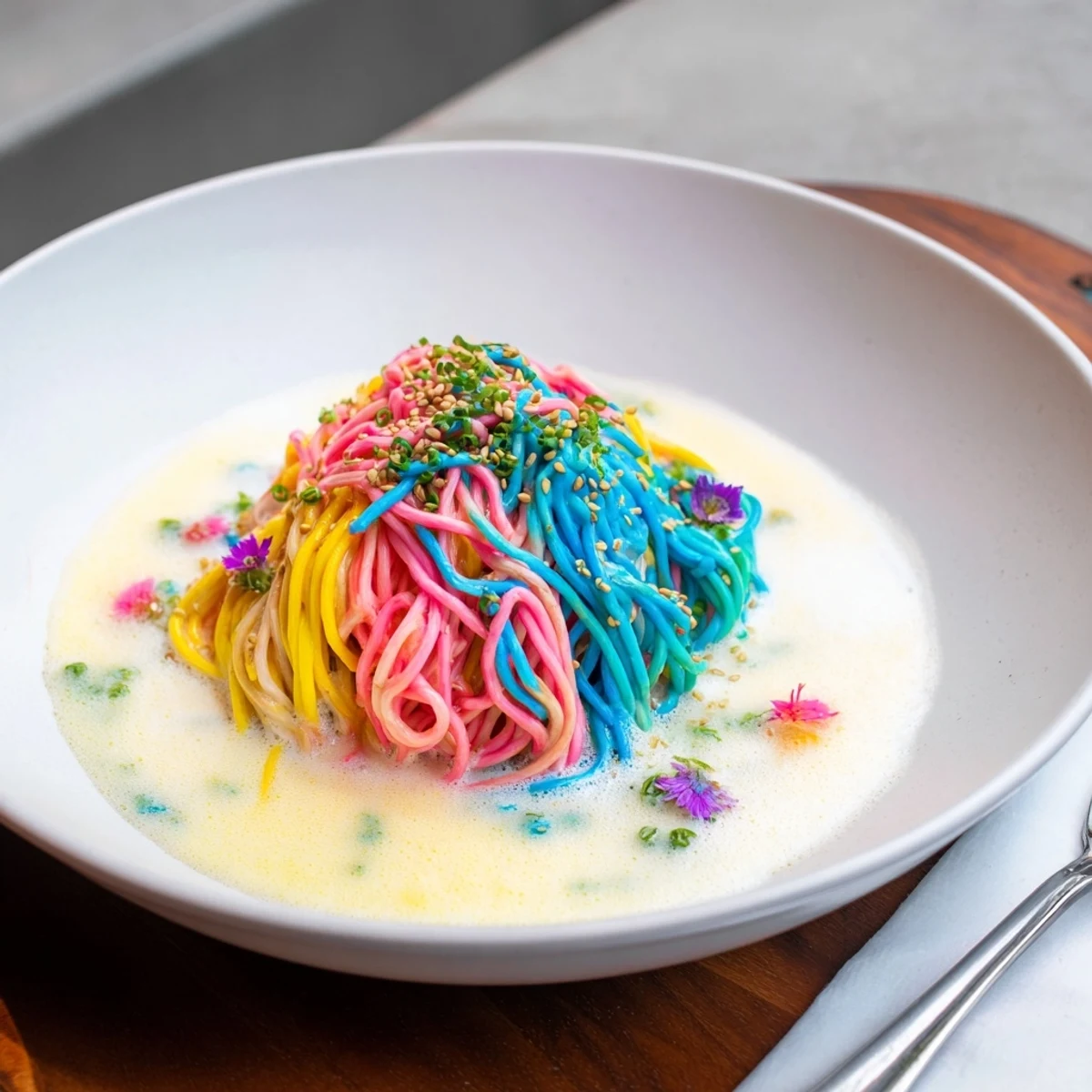 Vibrant Neon Noodle Cloud dish with colorful noodles in creamy sauce, perfect for family gatherings.  