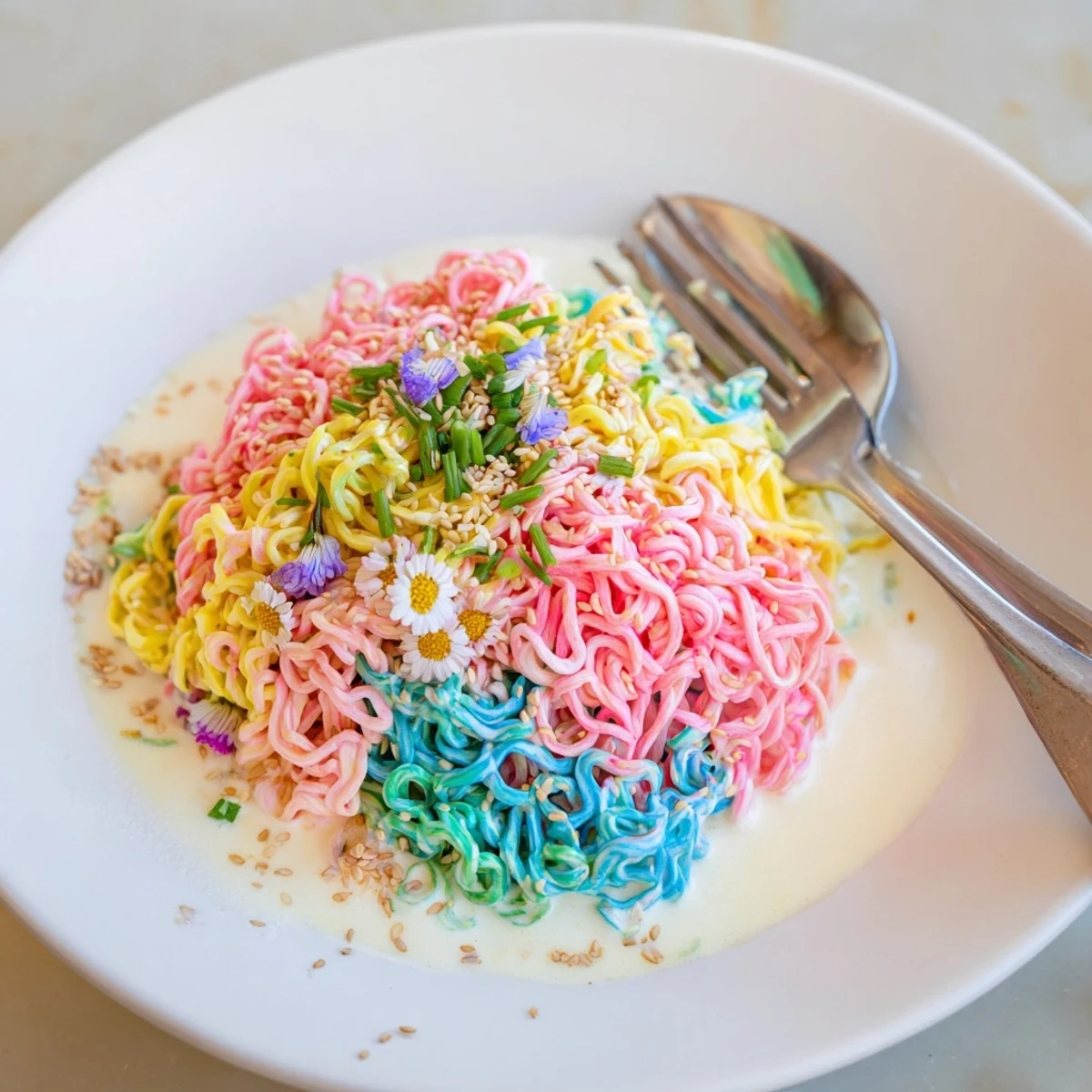Whimsical Neon Noodle Cloud served with scallions and sesame seeds, bursting with playful colors.  
