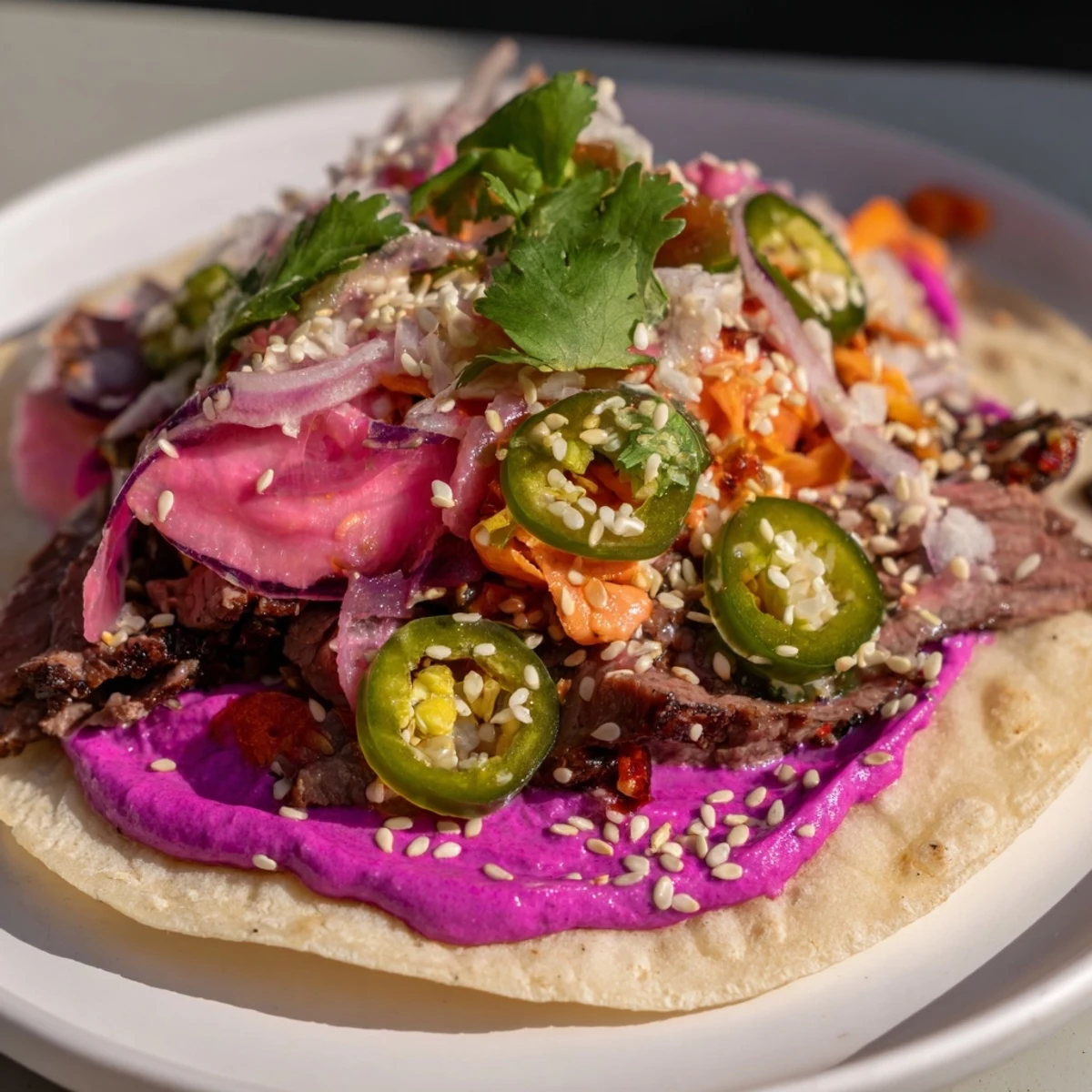 Colorful Global Street-Food Fusion Tacos & Bowls topped with fresh ingredients and ube crema.  