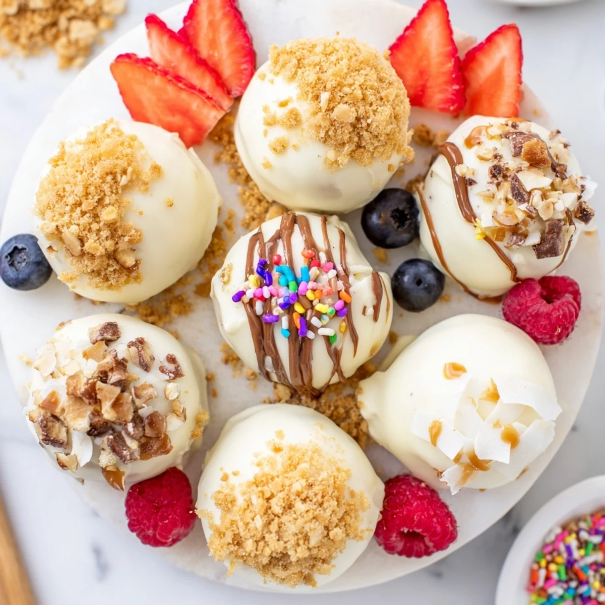 Colorful assortment of cheesecake bites surrounded by edible delights for a festive gathering.
