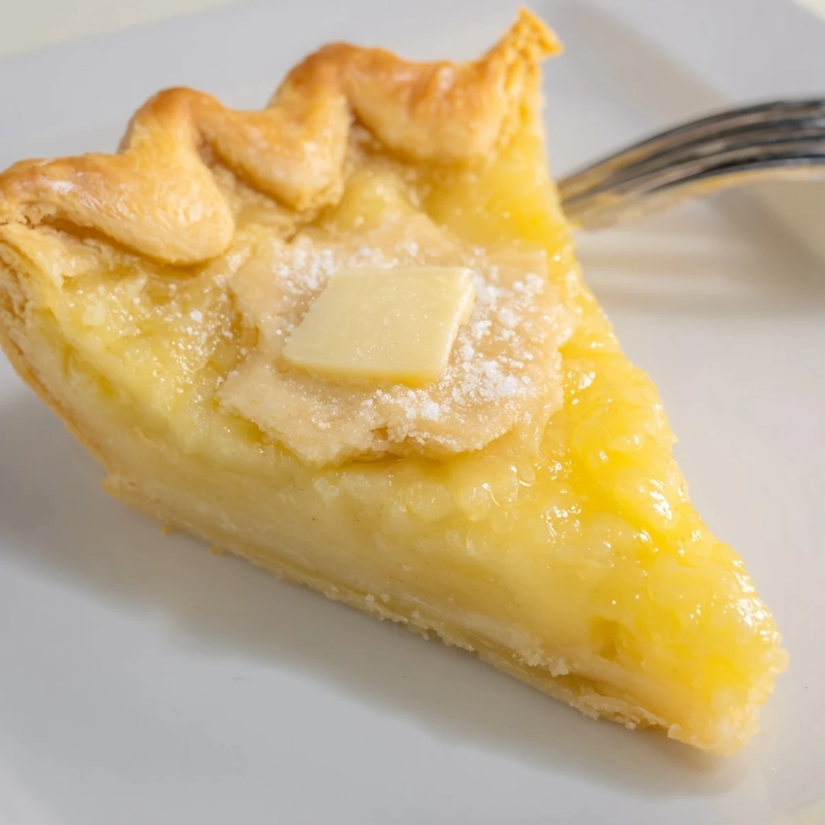 Creamy water pie nestled in a flaky crust, drizzled with vanilla notes.