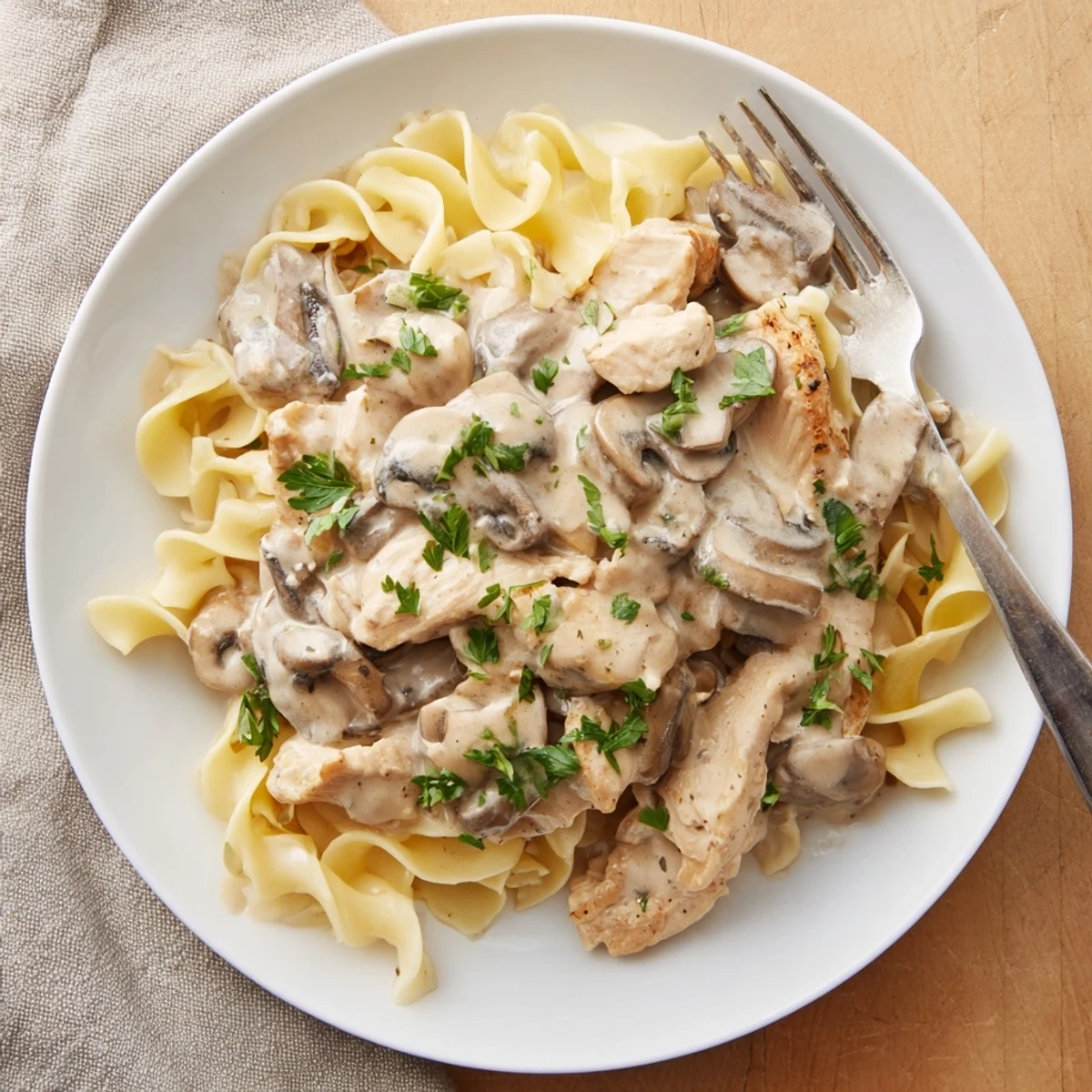 Creamy Chicken Stroganoff served over egg noodles with fresh parsley garnish and mushrooms.