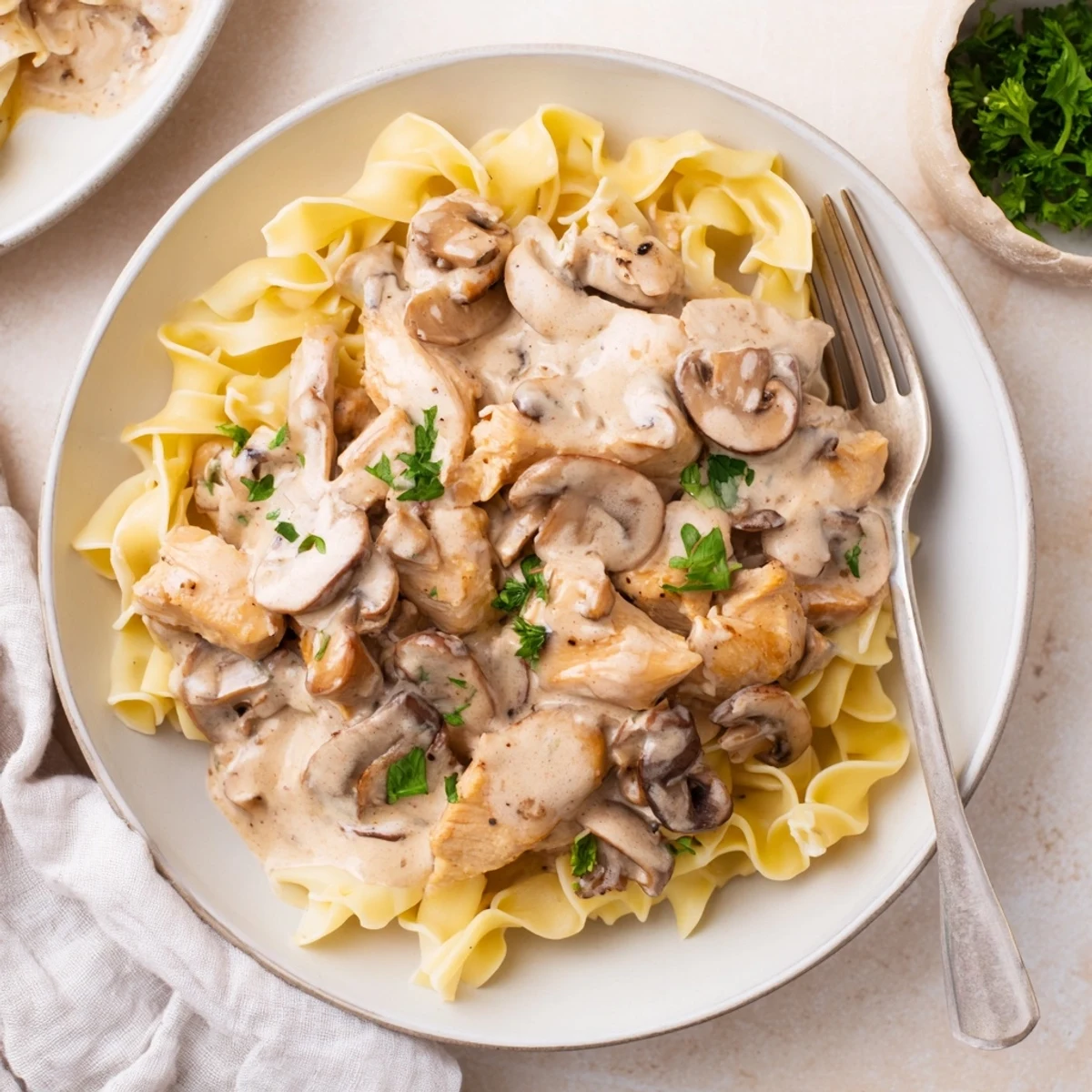 Indulge in this creamy Chicken Stroganoff highlighting tender chicken in rich sauce.