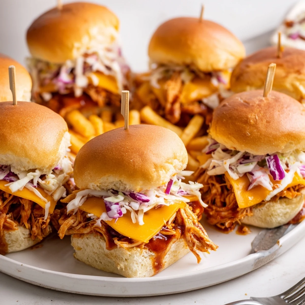 Juicy BBQ chicken sliders piled high with coleslaw and melted cheddar cheese.  