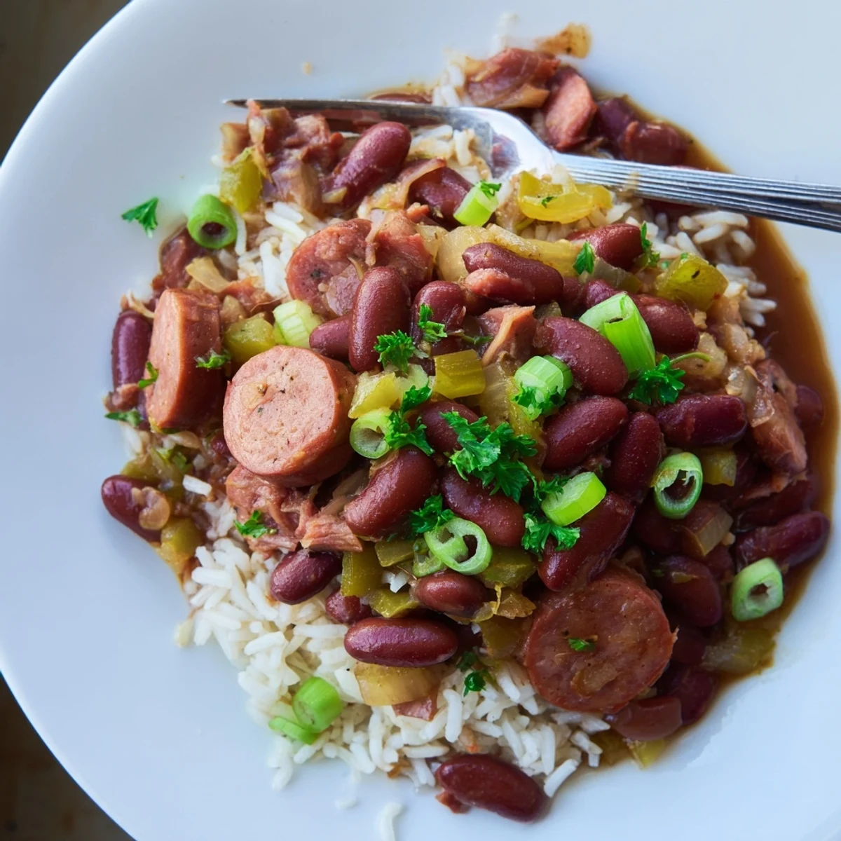 Classic Red Beans & Rice simmered with smoky sausage, served over fluffy white rice.  