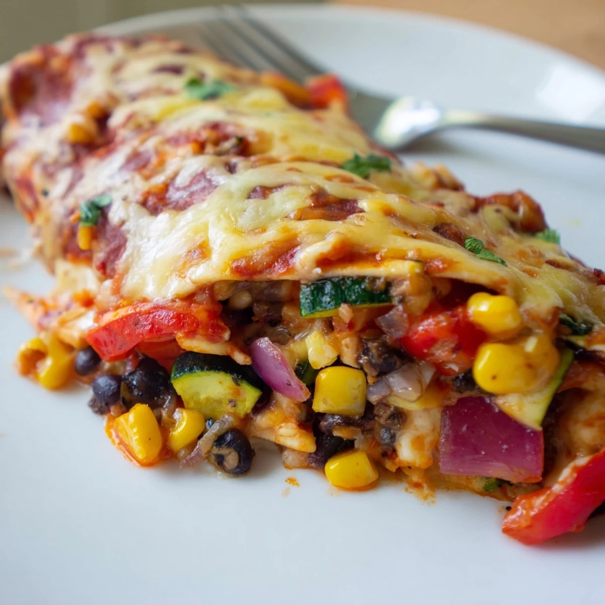 Vibrant Farmers Market Vegetarian Enchiladas topped with bubbly cheese and fresh herbs.  