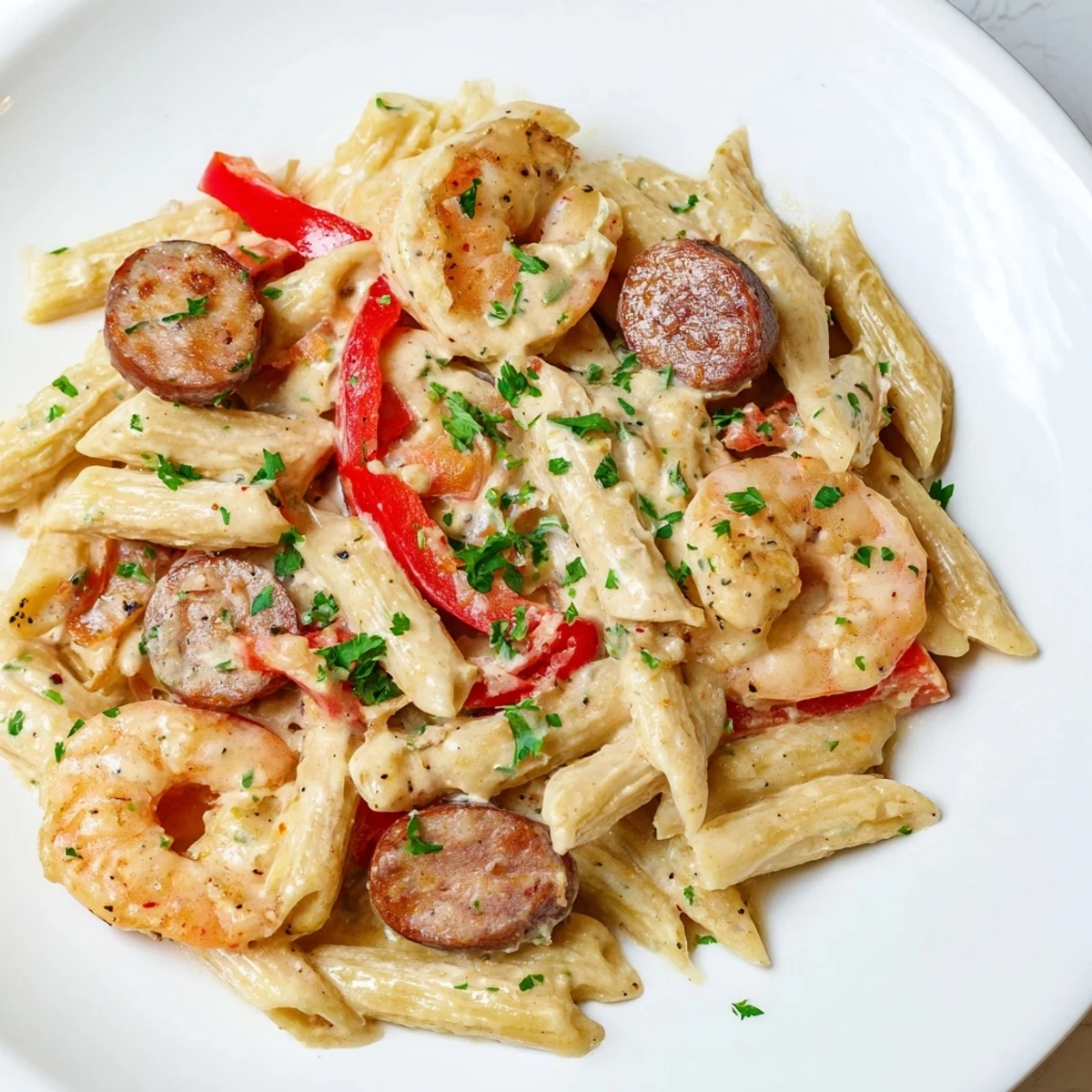 Cajun Sausage & Shrimp Alfredo pasta skillet; a close-up shows tender shrimp and spicy sausage.