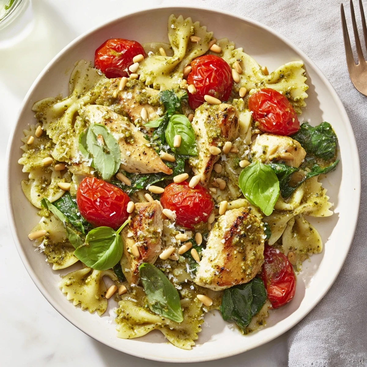 Creamy pesto chicken bowtie pasta with vibrant tomatoes, perfect for a flavorful Italian-American dinner.