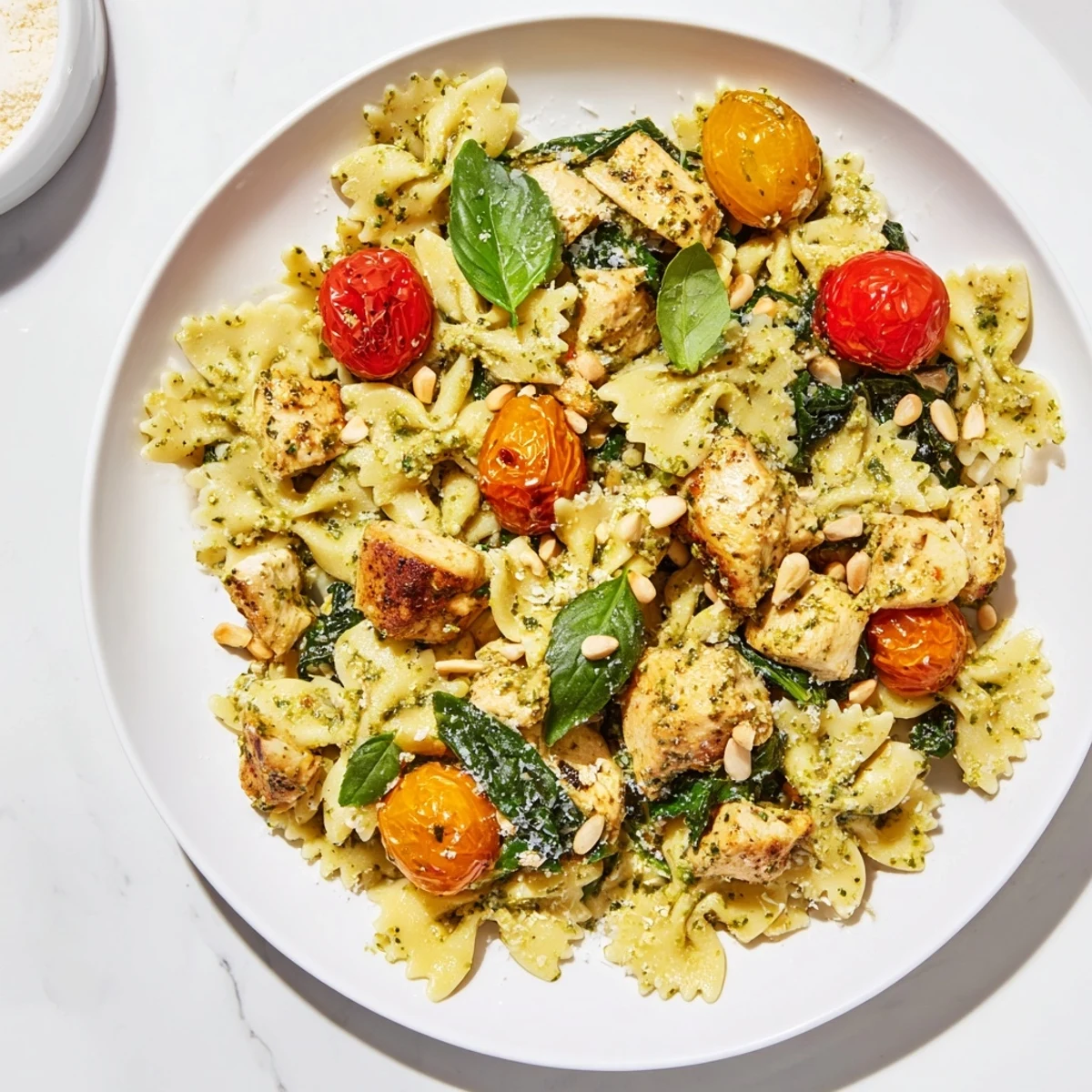 A close-up of pesto chicken bowtie pasta, showcasing tender chicken and fresh basil pesto sauce.