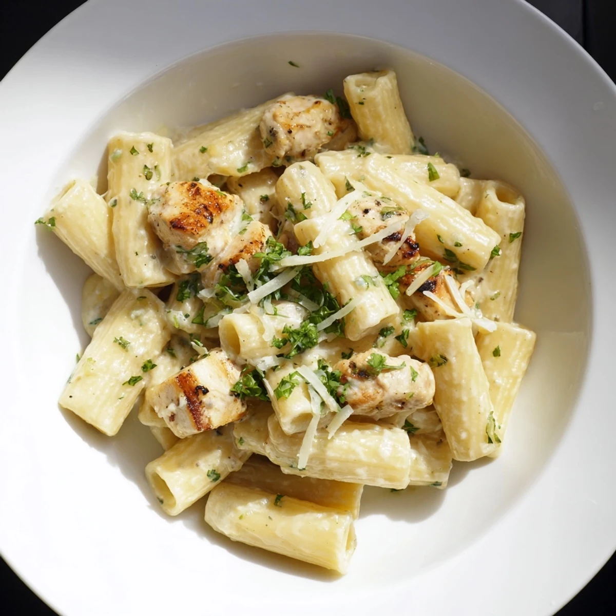 Creamy Garlic Parmesan Chicken Rigatoni, a comforting plate of pasta with rich, bubbly, white sauce.