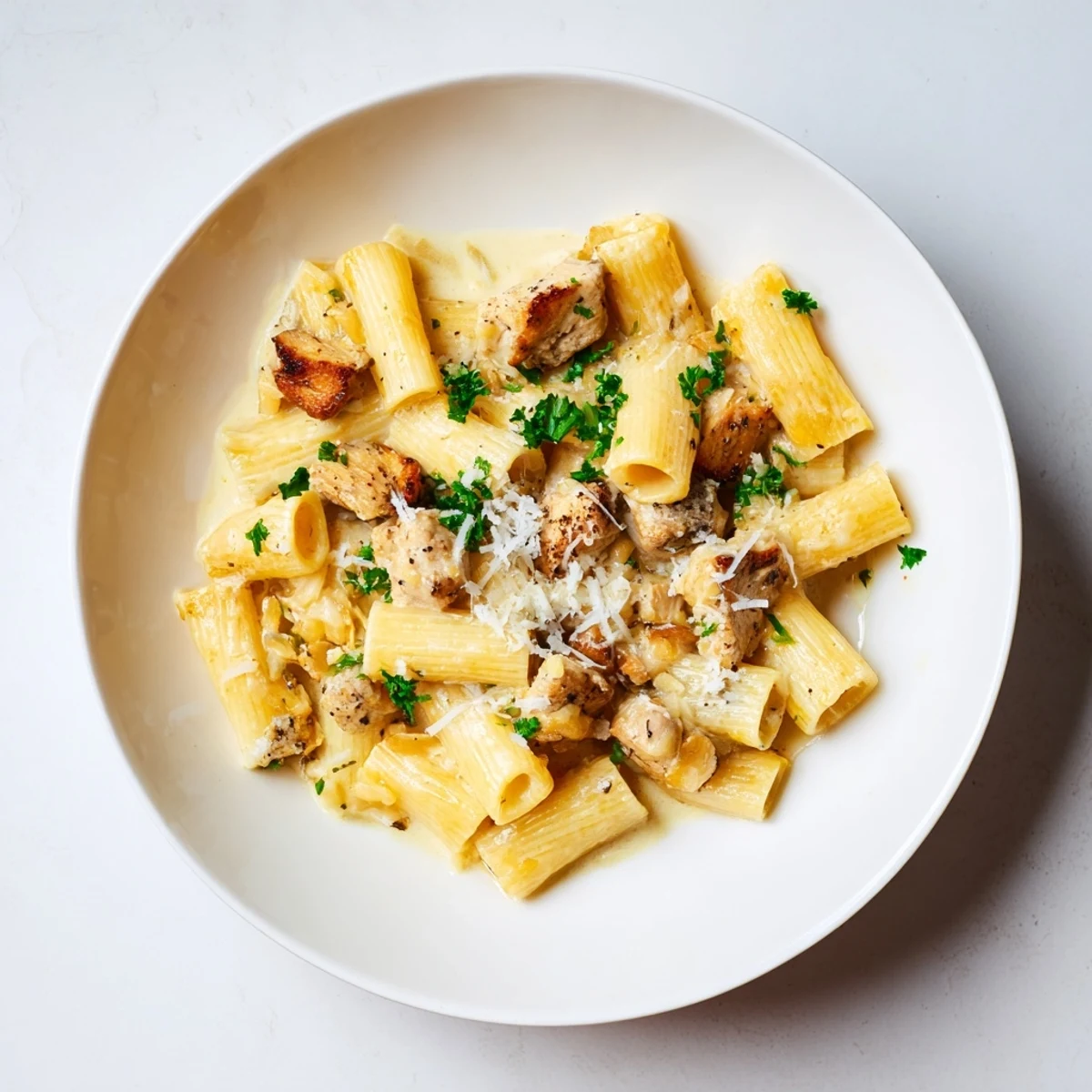 Savor the aroma: perfectly browned chicken with creamy Garlic Parmesan Chicken Rigatoni, ready to serve.