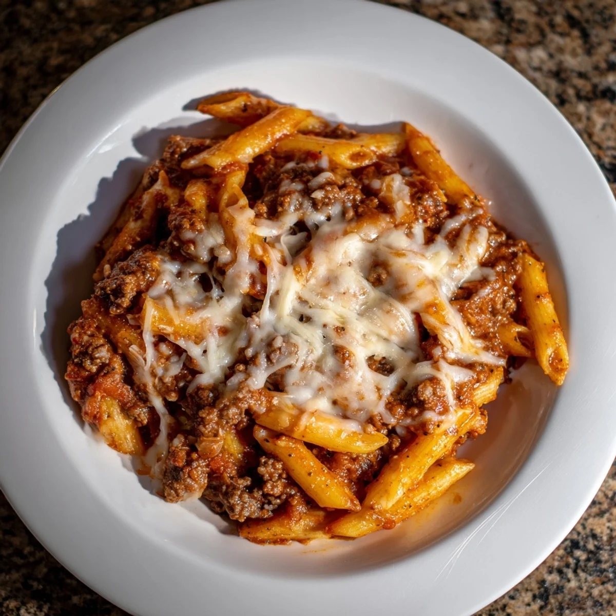 A close-up of a Cheesy Beef & Penne Bake: showing the melted mozzarella and Parmesan cheese topping.