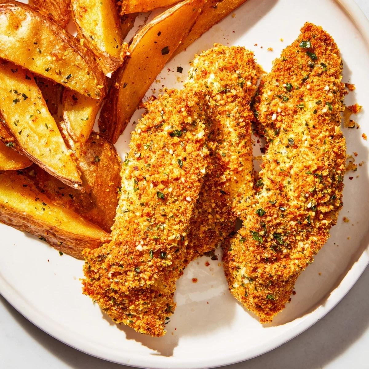 Golden-brown herbed chicken tenders and crispy potato wedges, a comforting and flavorful dinner.