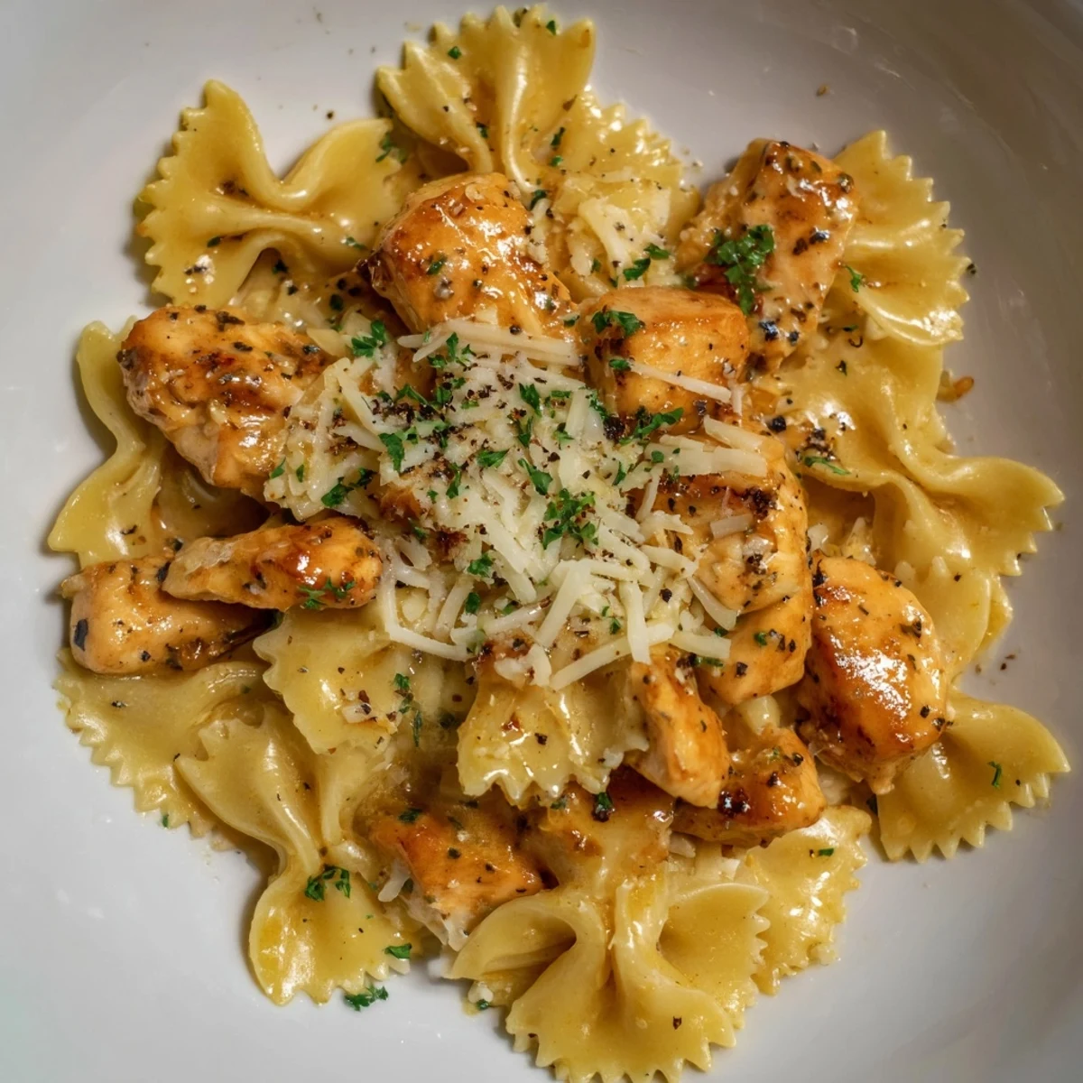 The creamy Mozzarella Garlic Butter Chicken Bowties dish features perfectly cooked pasta and tender chicken.