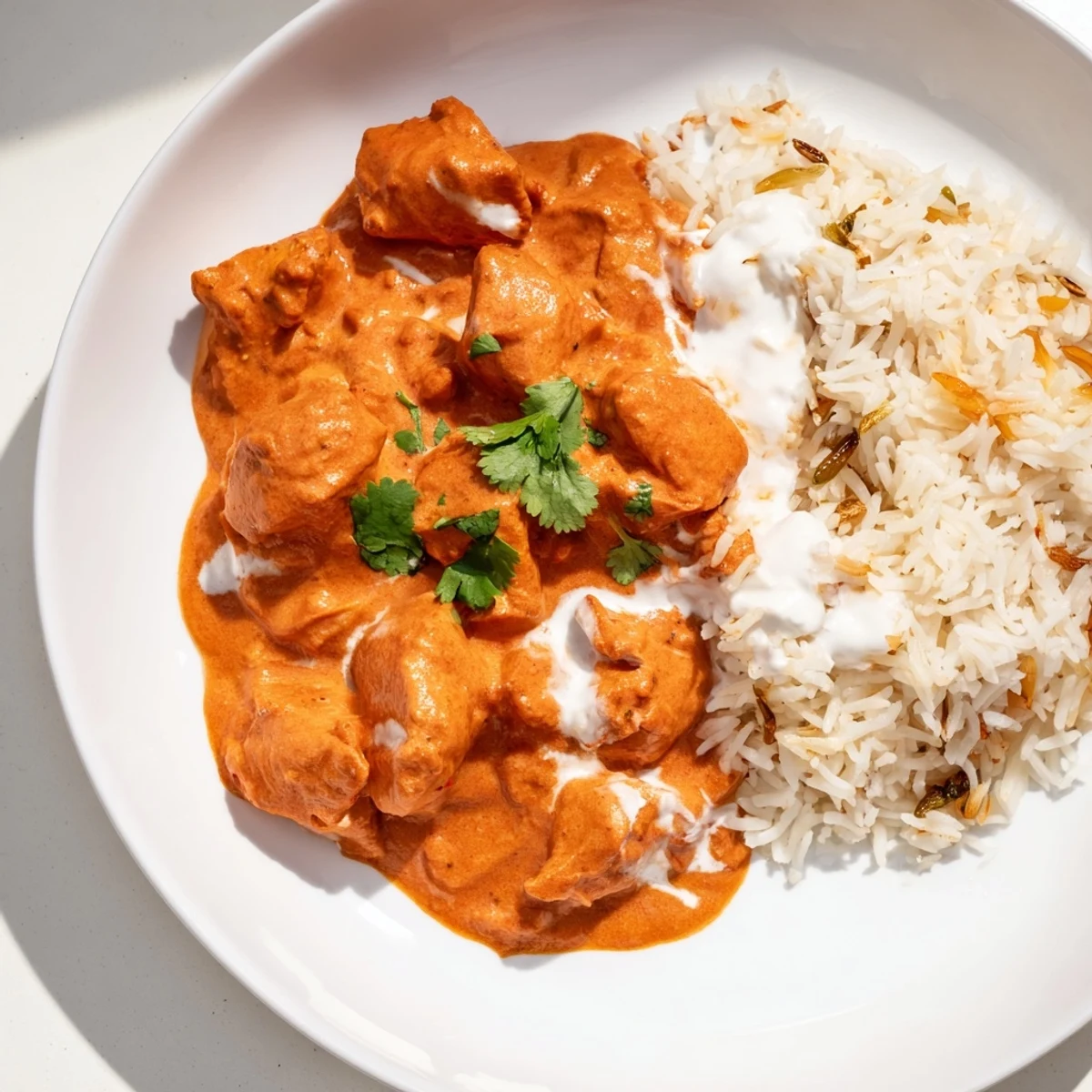 Golden butter chicken and rice pilaf, a creamy Indian dish fragrant with spices and cilantro.