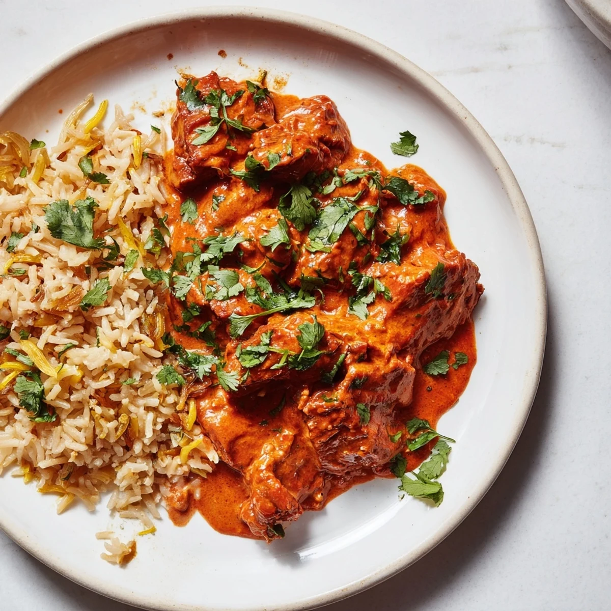 This flavorful butter chicken recipe features a rich sauce paired perfectly with the rice pilaf.
