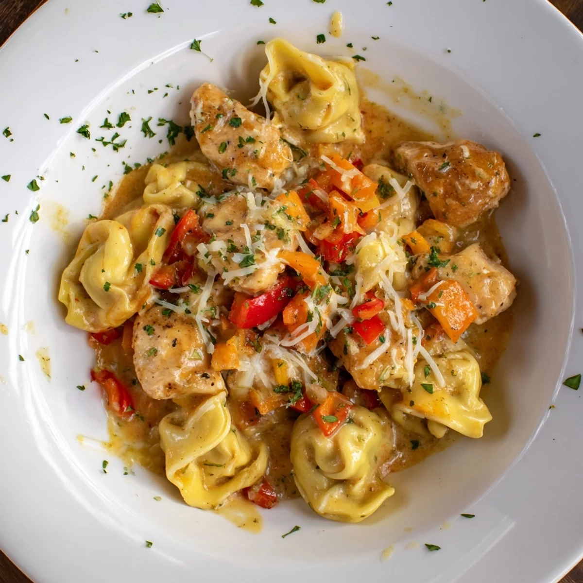 Sizzling Zesty Cajun Garlic Parmesan Chicken Tortellini, a flavorful fusion, ready to serve with Parmesan cheese.