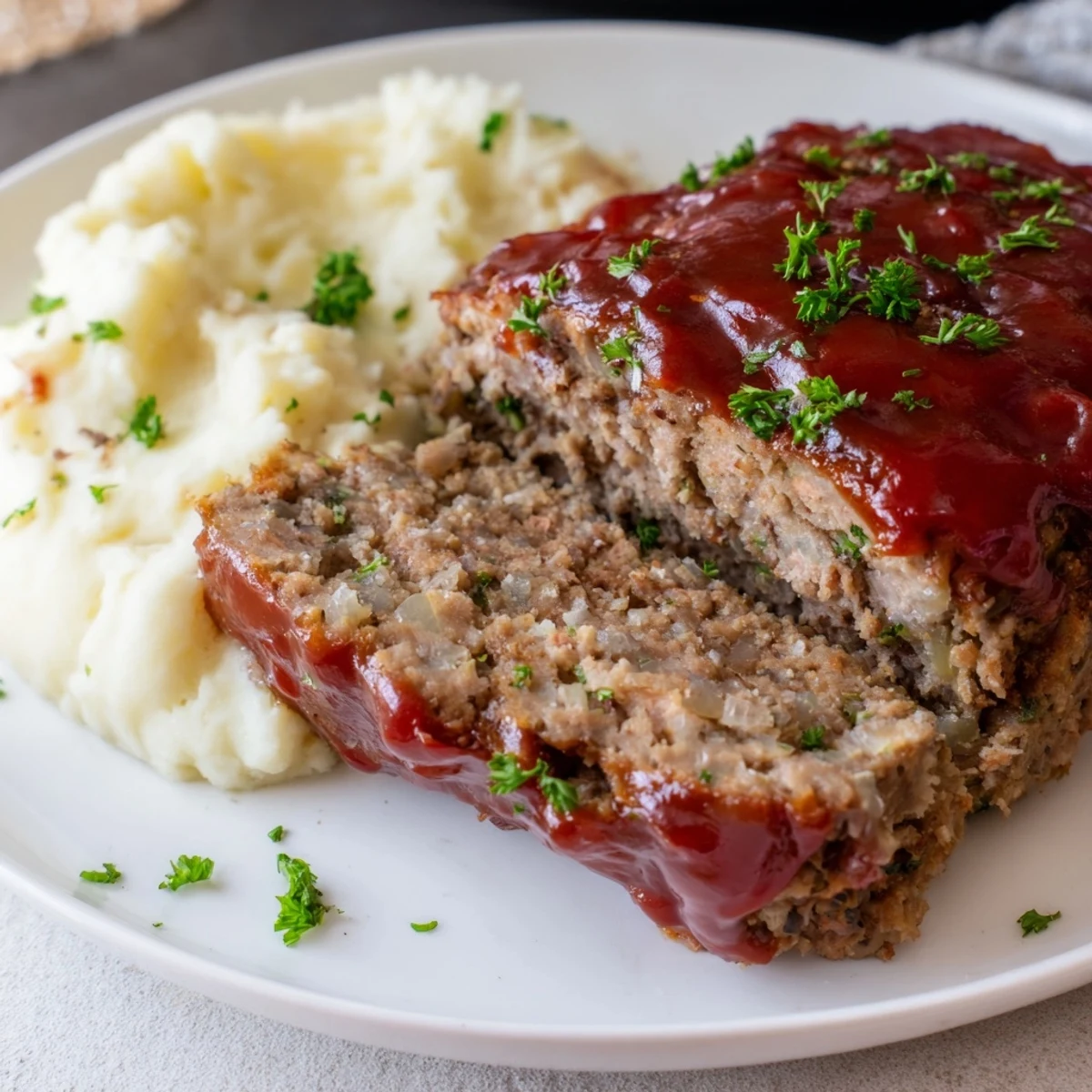 A close-up of a tender, glazed Classic Meatloaf & Mashed Potatoes, overflowing with savory juices.