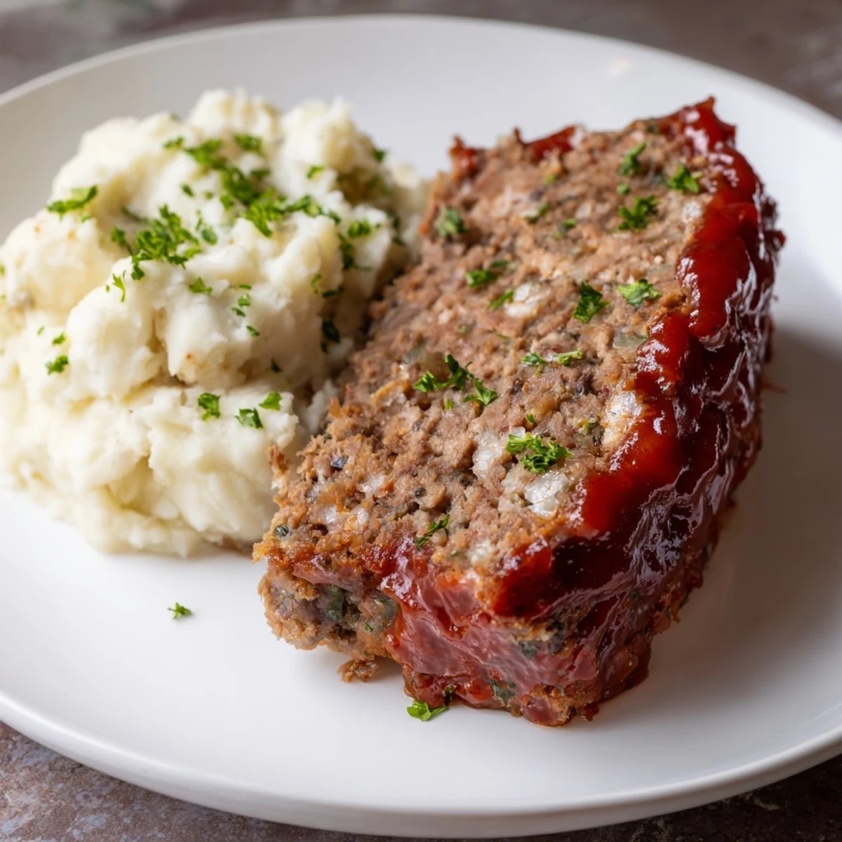 Creamy mashed potatoes alongside a hearty slice of Classic Meatloaf, a comforting American classic.