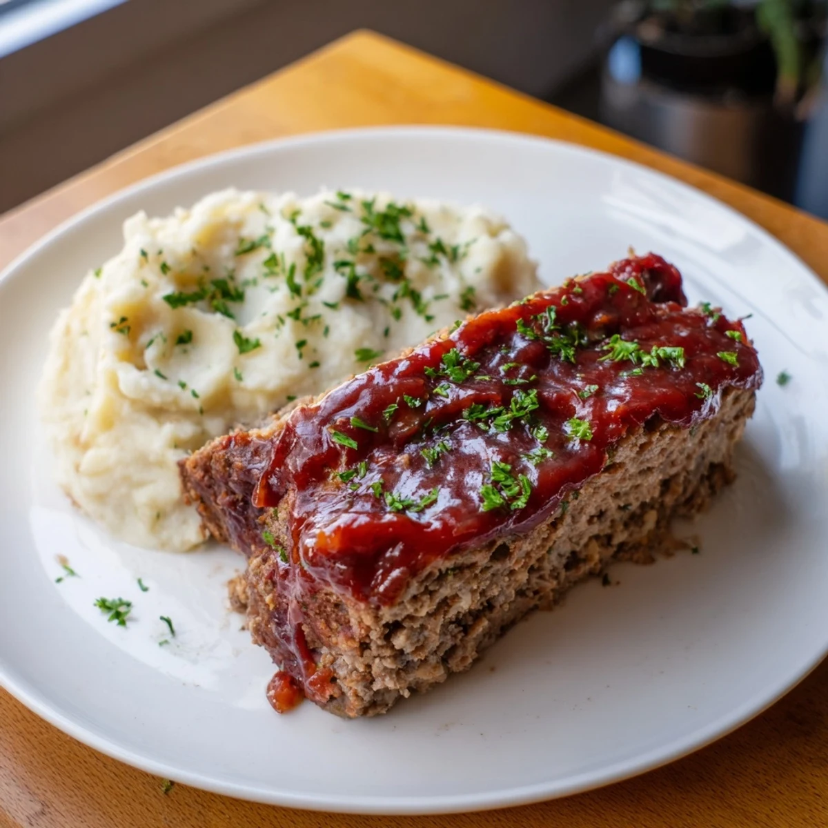 The perfectly browned crust of the Classic Meatloaf rests beautifully beside fluffy, buttery mashed potatoes.
