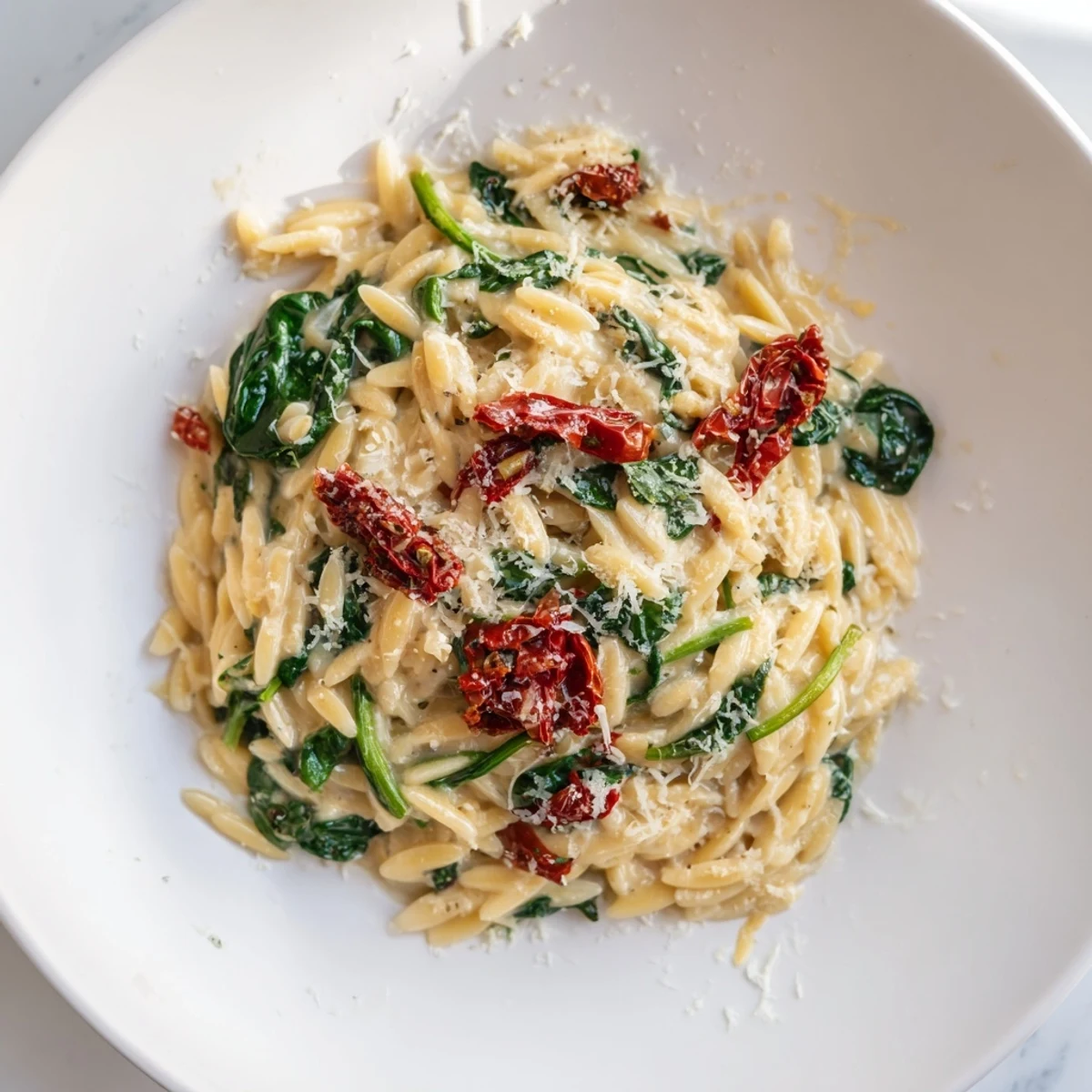 This Tuscan Orzo Bowl shows creamy pasta, flavored with Italian herbs, perfect for dinner.
