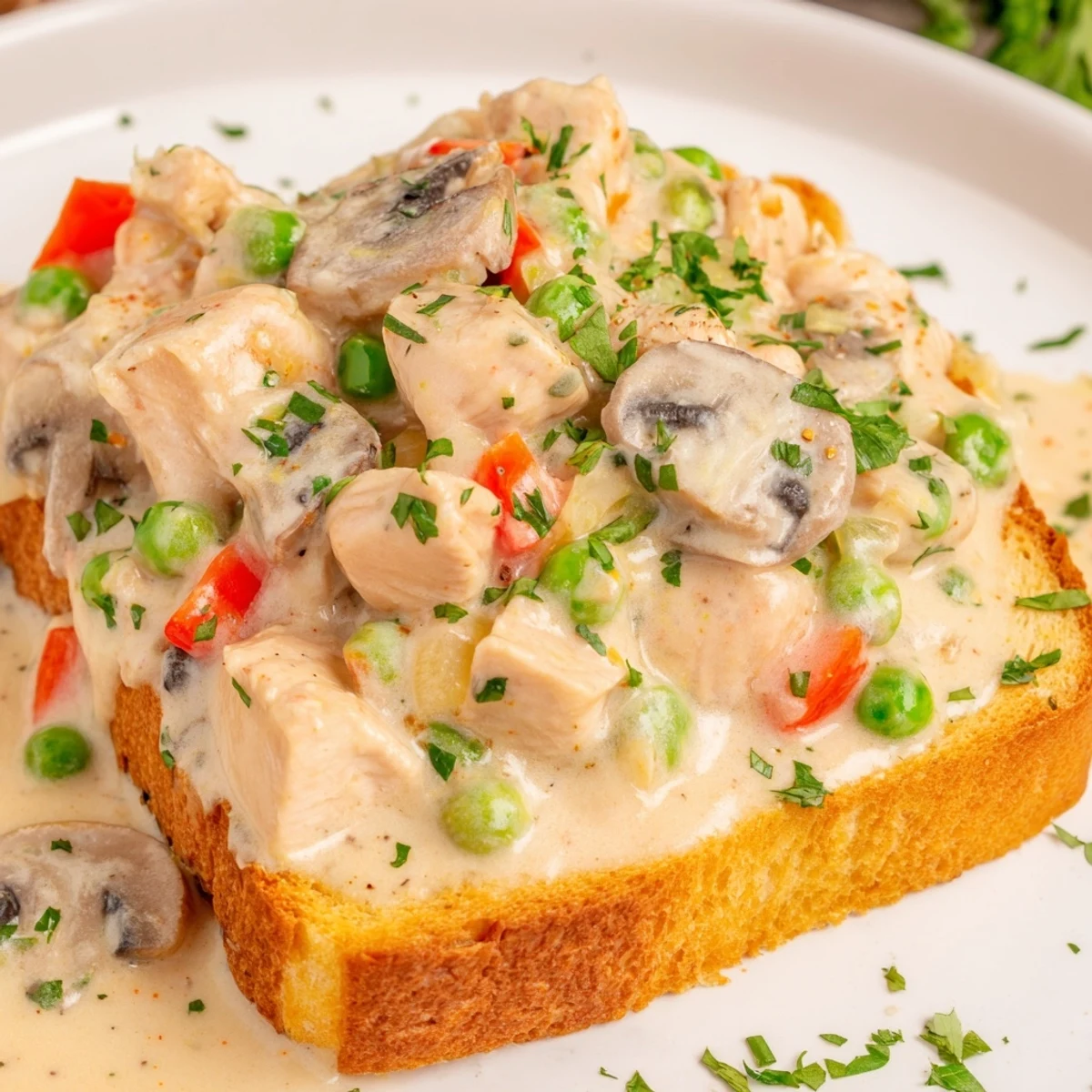 Creamy Chicken à la King over buttered toast, a comforting classic with savory flavors and textures.