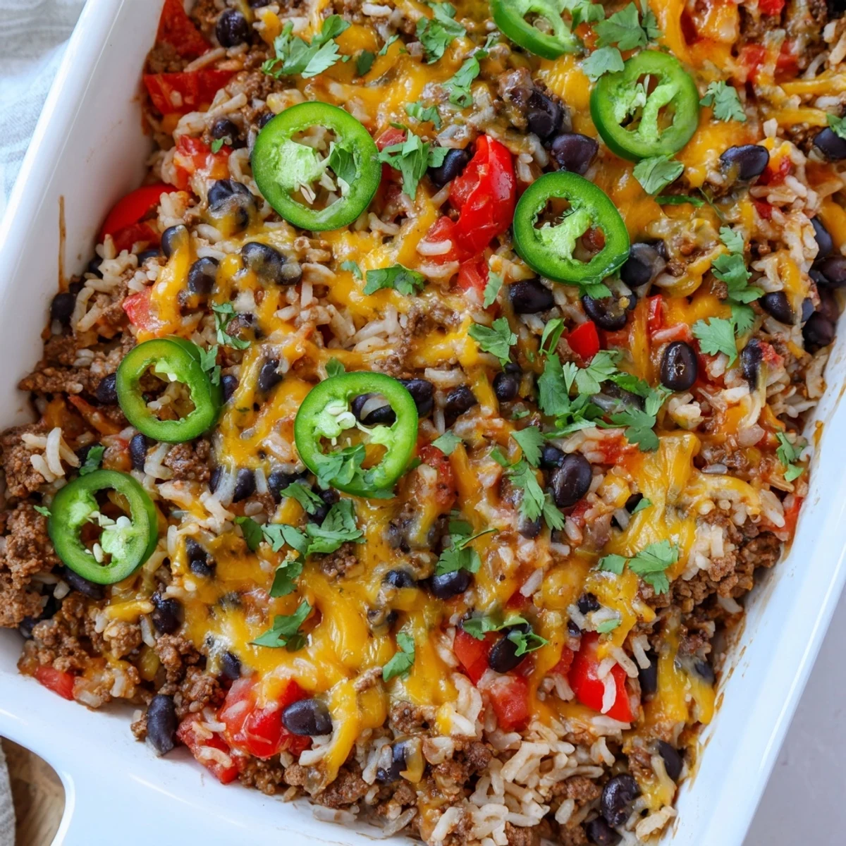 A close-up shot of a steaming Tex-Mex Beef & Rice Casserole, loaded with colorful ingredients.