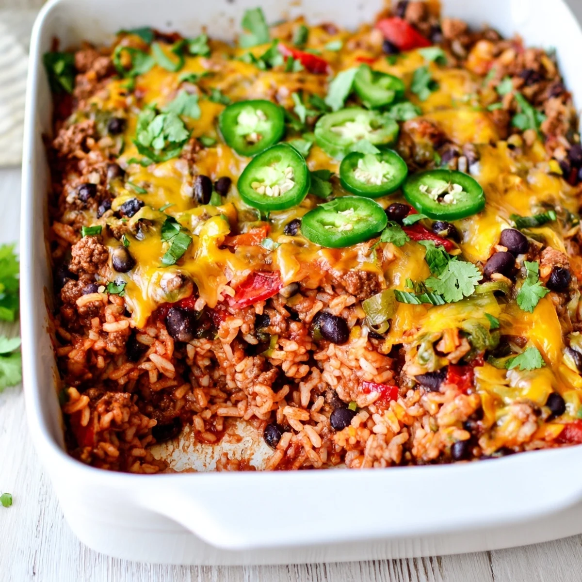 Tex-Mex Beef & Rice Casserole bubbling with melted cheese, a comforting family meal.