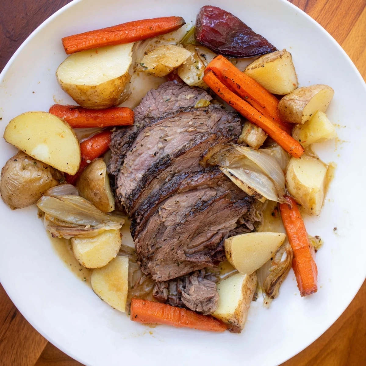 Golden-brown Sunday Pot Roast with tender, fall-apart beef, served with roasted vegetables.