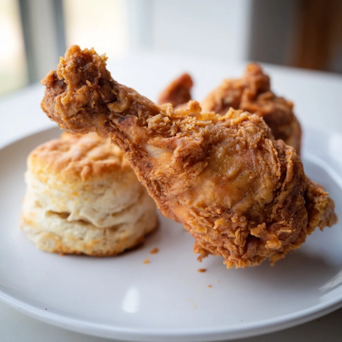 Golden-brown Southern Fried Chicken served alongside fluffy, buttery buttermilk biscuits, a comforting feast.