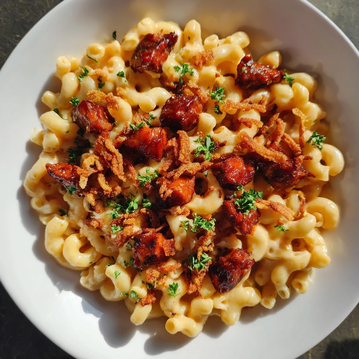 A close-up view of the creamy One-Pot Honey BBQ Chicken Mac and Cheese with a sprinkle of parsley.