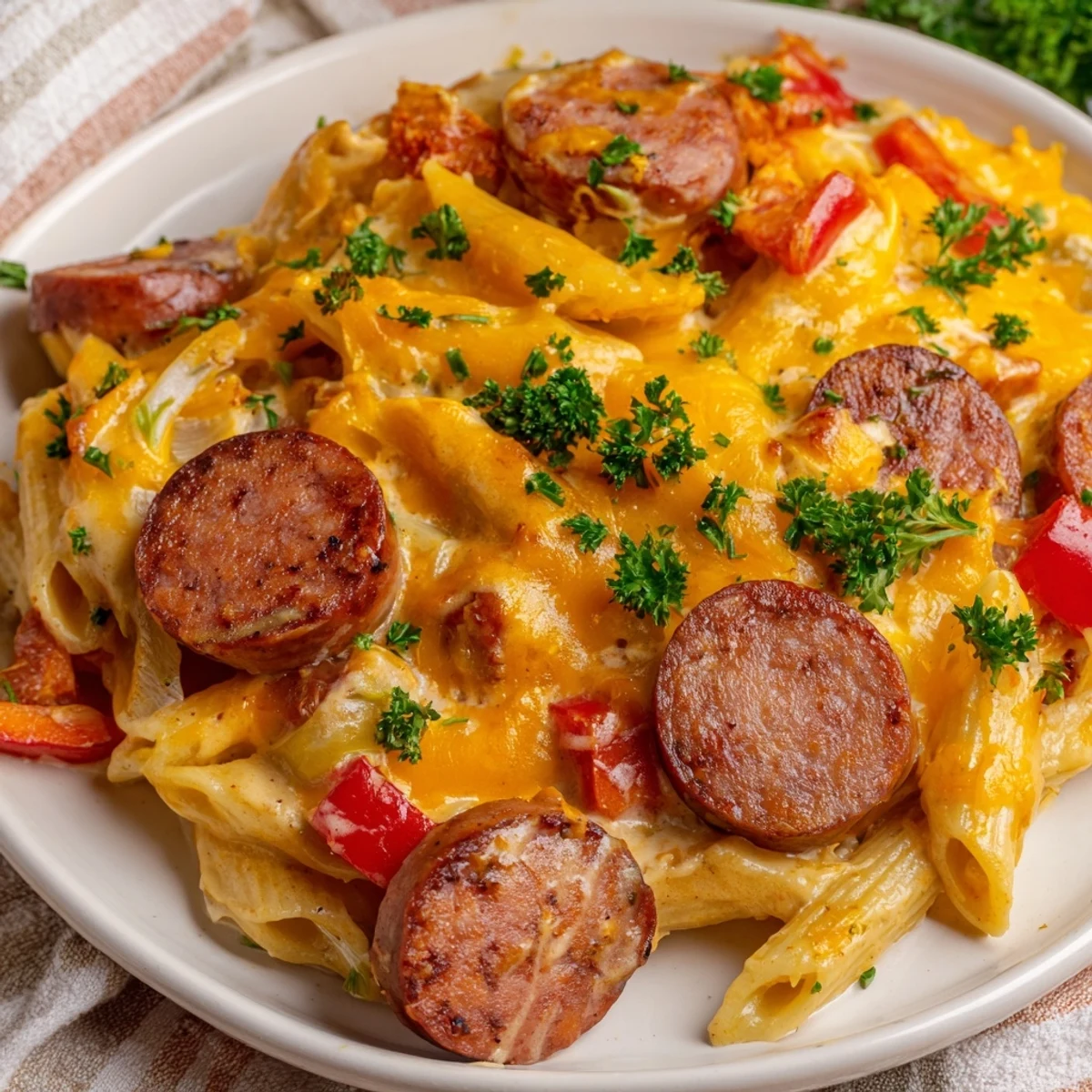 Golden-brown Smoked Sausage & Cheddar Pasta Bake with bubbling cheese, promising a comforting, cheesy delight.