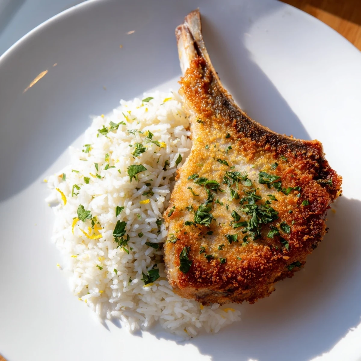 A plate of flavorful Parmesan Herb Pork Chops, with the rice appearing light and fluffy alongside.